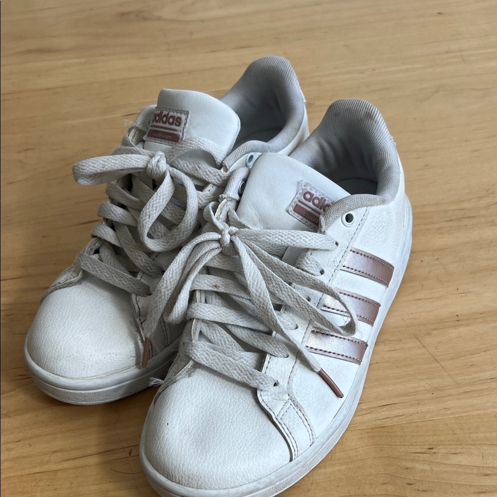 Adidas Kids White Sneakers with Metallic Pink Accents
